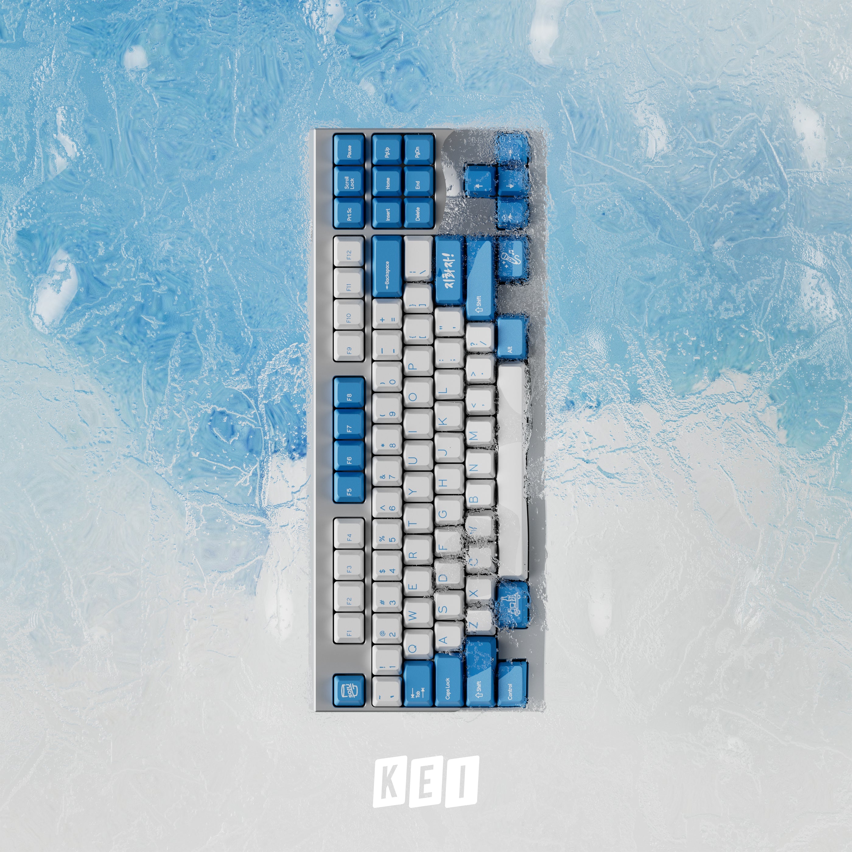 DCS Soju Blue keycaps on F1-8X keyboard, alternate angle